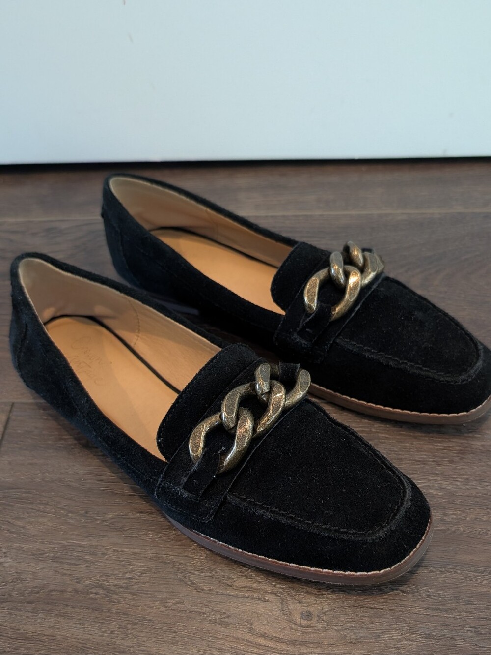 Crown Vintage Black Faux Suede Women’s Loafers With Gold Buckle